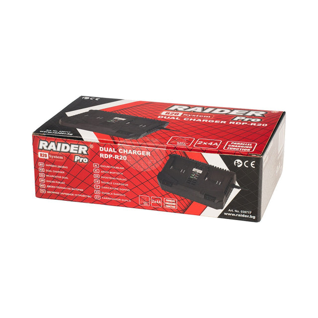 RAIDER R20 Incarcator dual 4A pentru RDP - R20 System Încărcătorul dublu „RDP - R20” poate încărca doi acumulatorii din seria R20 System în paralel Este compatibil cu toate bat Raider - scule electrice si unelte profesionale - BricoMart