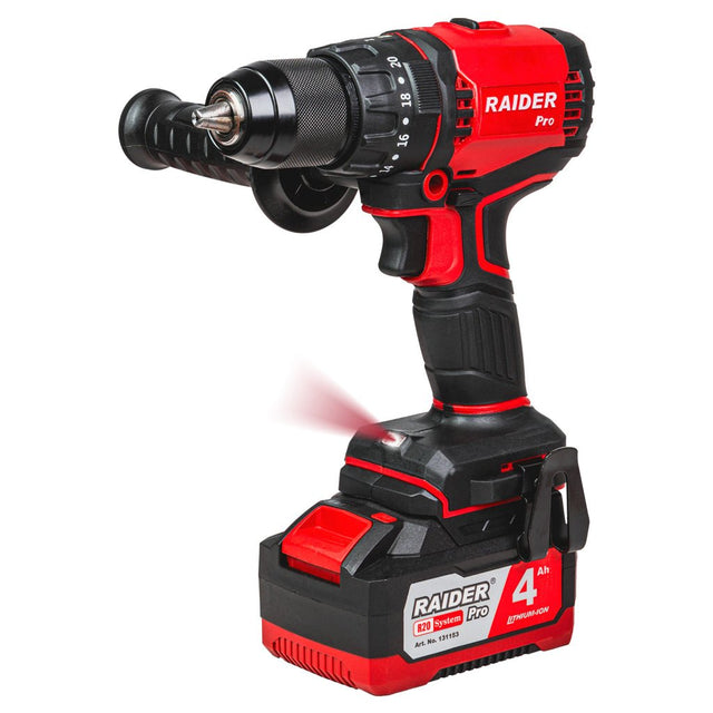 RAIDER R20 Masina de gaurit cu percutie 20V 4Ah 60Nm RDP - YBID20 Motor fara perii – ofera eficienta ridicata, durata de viata mai mare si generare redusa de caldura Functie de percutie Raider - scule electrice si unelte profesionale - BricoMart