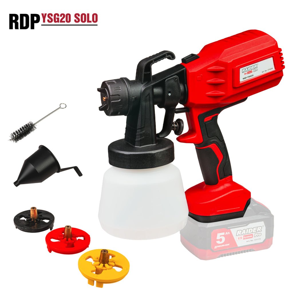 RAIDER R20 Pistol de vopsit Ø1,5 2,0 2,5mm 0,8L Solo RDP - YSG20 Pistol de vopsit fără fir compact și mobil, cu rezervor de 0,8 L Echipat cu trei duze – Ø1,5 mm, Ø2,0 mm și Ø2,5 mm – po Raider - scule electrice si unelte profesionale - BricoMart