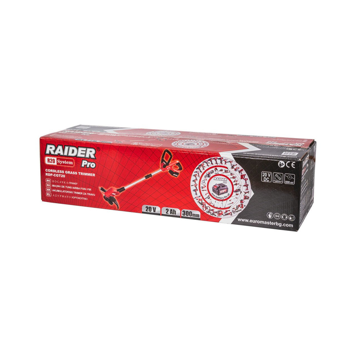 RAIDER R20 Trimmer gazon 300mm Al 2Ah RDP - CGT20 Set Mâner reglabil ce permite personalizarea înălțimii în funcție de nevoile utilizatorului Mâner ergonomic cu acoperire din Raider - scule electrice si unelte profesionale - BricoMart