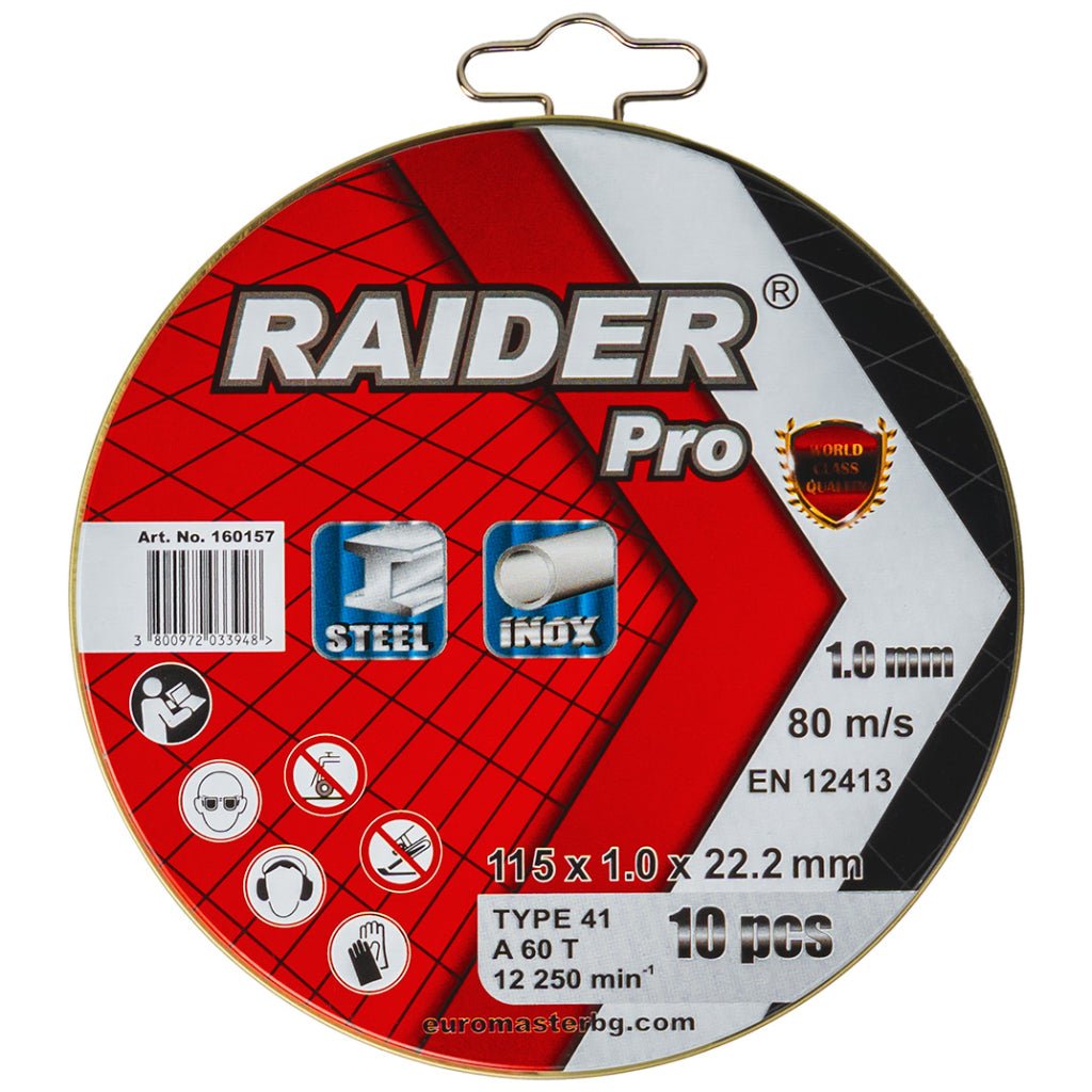 RAIDER Set 10 discuri pentru taiat metal 115х1.0 A60T INOX Tăiere precisă: Disc subțire, care reduce rezistența și asigură o tăiere curată și precisă pe suprafețele metalice Mater Raider - scule electrice si unelte profesionale - BricoMart