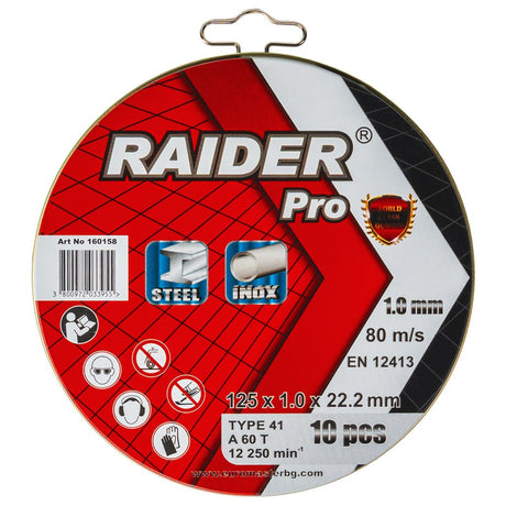 RAIDER Set 10 discuri taiat metal 125х1mm A60T Inox RDP Material: INOX - dezvoltat special pentru tăierea oțelului inoxidabil, fără riscul de coroziune și decolorare a material Raider - scule electrice si unelte profesionale - BricoMart