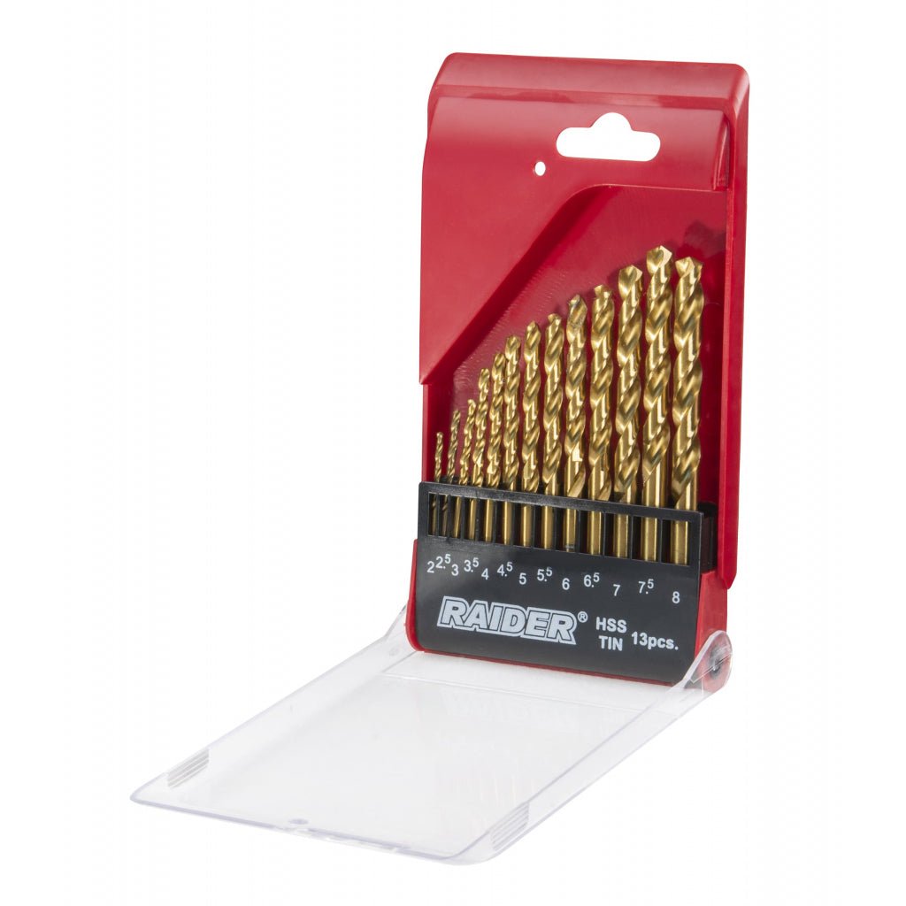 RAIDER Set 13 burghie HSS+TIN ø 2.0 – 8.0 mm Fabricat din otel rapid Cutie de depozitare practica Raider - scule electrice si unelte profesionale - BricoMart