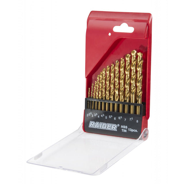 RAIDER Set 13 burghie HSS+TIN ø 2.0 – 8.0 mm Fabricat din otel rapid Cutie de depozitare practica Raider - scule electrice si unelte profesionale - BricoMart