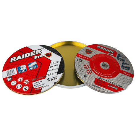 RAIDER Set 5 discuri taiat metal 230х2mm A60T Inox RDP Material: INOX - dezvoltat special pentru tăierea oțelului inoxidabil, fără riscul de coroziune și decolorare a material Raider - scule electrice si unelte profesionale - BricoMart