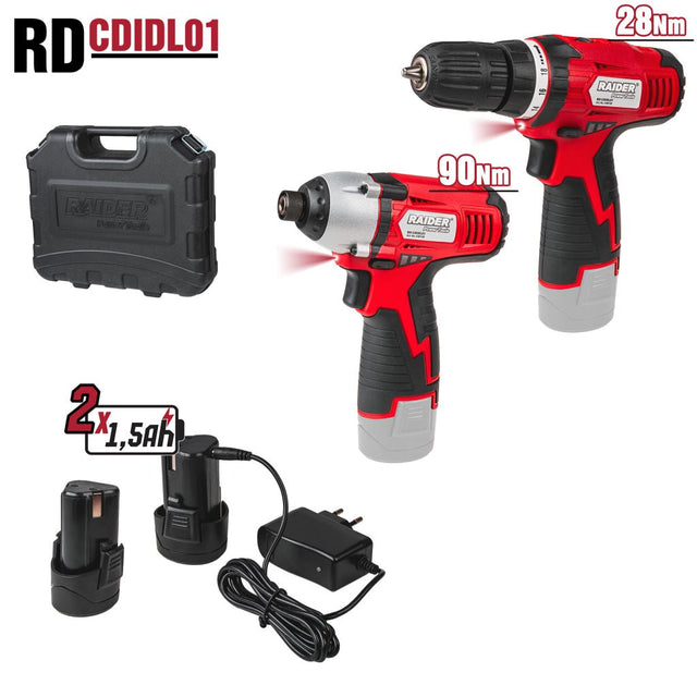 RAIDER Set bormasina + surubelnita cu impact 12V 2x1.5Ah RD - CDIDL01 Mandrina rapida Schimbator de sens 2 trepte de viteza Design ergonomic Functie de impact Raider - scule electrice si unelte profesionale - BricoMart