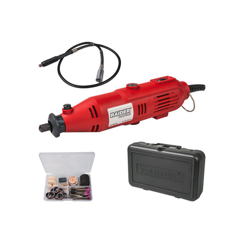 RAIDER Set mini polizor drept 135W vit. var. 100 accesorii RD - MG15 Posibilitate de reglare a vitezei, permițând adaptarea la diferite materiale și aplicații Ax flexibil inclus pentru prec Raider - scule electrice si unelte profesionale - BricoMart