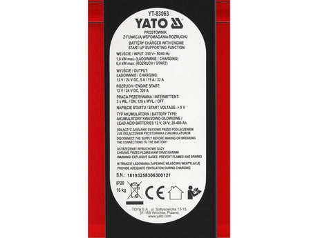 ROBOT PORNIRE AUTO YATO YT - 83063 , 12V - 24V , 20 - 400 AH , 5 A/15 A/32 A Yato - scule electrice si unelte profesionale - BricoMart