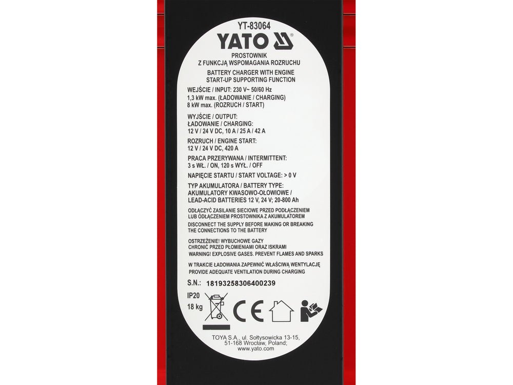 ROBOT PORNIRE AUTO YATO YT - 83064 , 12V - 24V , 20 - 800AH , 10 A/25 A/42 A Yato - scule electrice si unelte profesionale - BricoMart