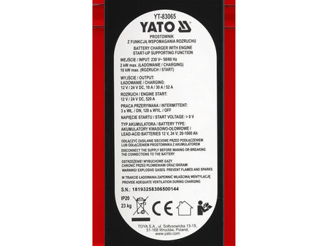 ROBOT PORNIRE AUTO YATO YT - 83065 , 12V - 24V , 20 - 1000AH , 10 A/30 A/52 A Yato - scule electrice si unelte profesionale - BricoMart