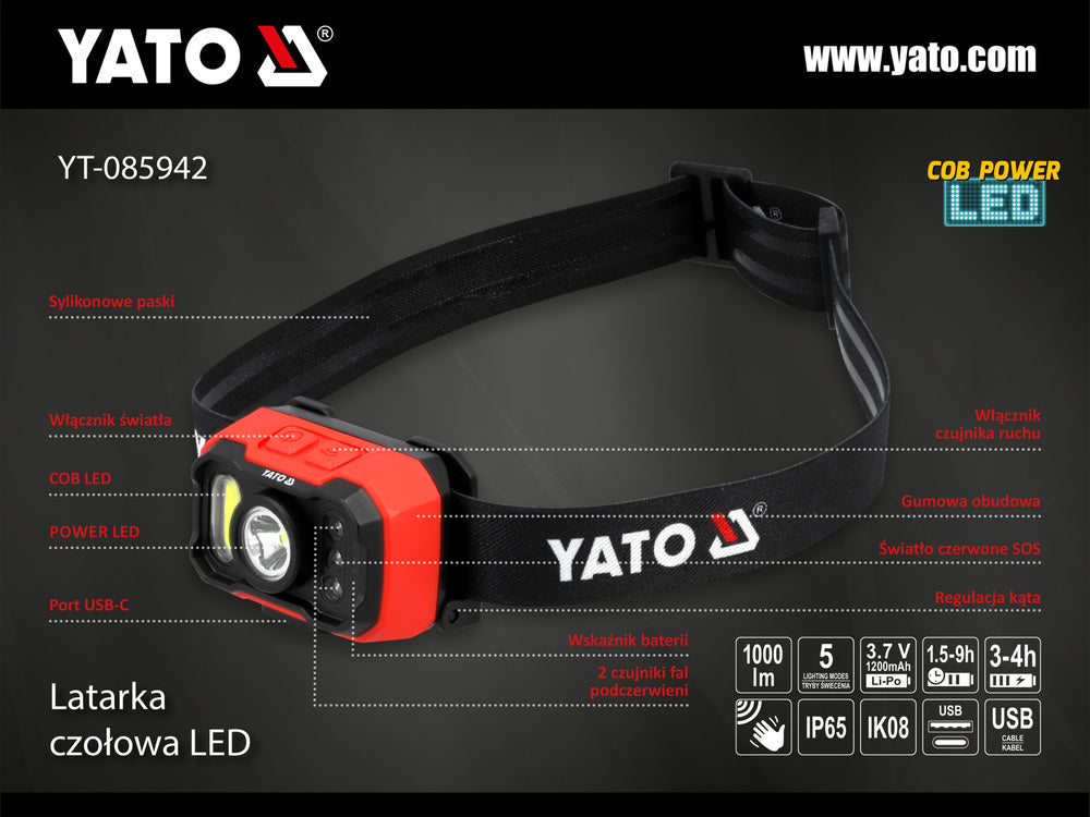 FEJLÁMPA YATO YT-085942 ELEMMEL 1000LM, MOZGÁSÉRZÉKELŐVEL 