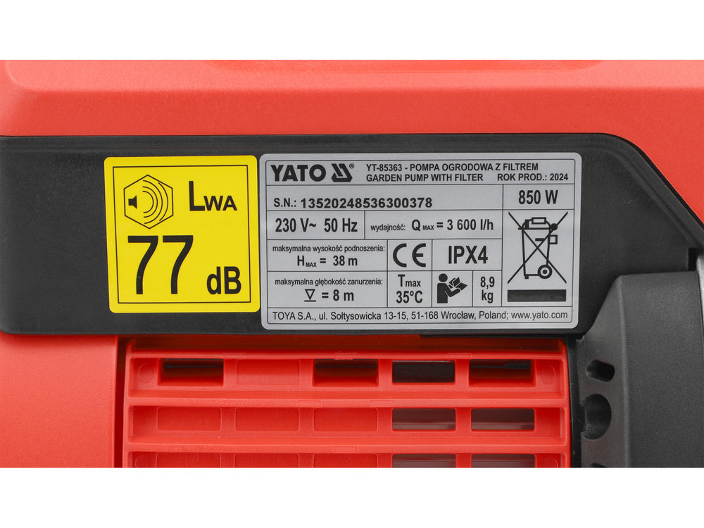 KERTI SZIVATTYÚ YATO YT-85363 SZŰRŐVEL 850W 