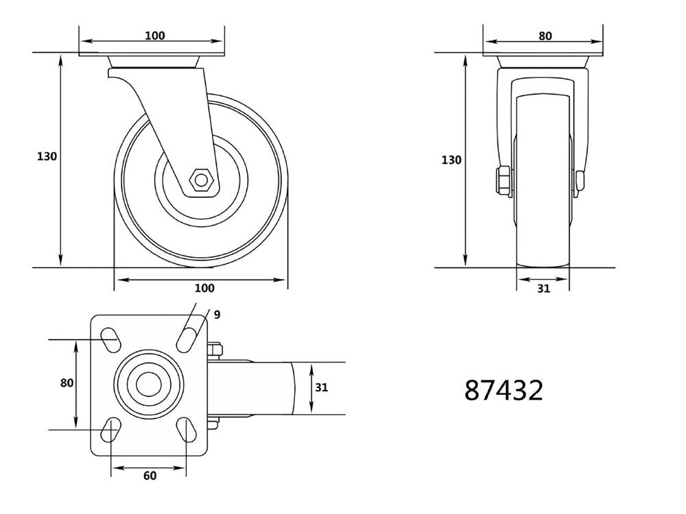 VOREL 87432 GUMI FORGÓKERÉK 100MM-ES SZÁLLÍTÓKOCSIHOZ 