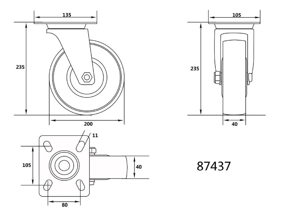 VOREL 87437 GUMI FORGÓKERÉK 200MM-ES SZÁLLÍTÓKOCSIHOZ 