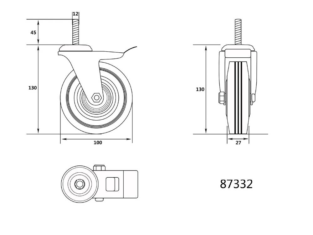 FORGÓKERÉK VOREL 87332 MENETTEL ÉS FÉKKEL 100/30MM 