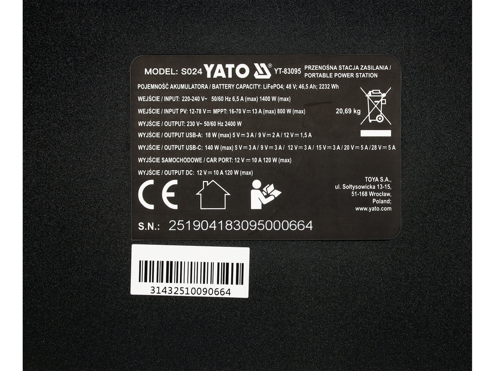 Statie incarcare portabila YATO YT-83095, 2400 W, 2232 wh - imagine 6