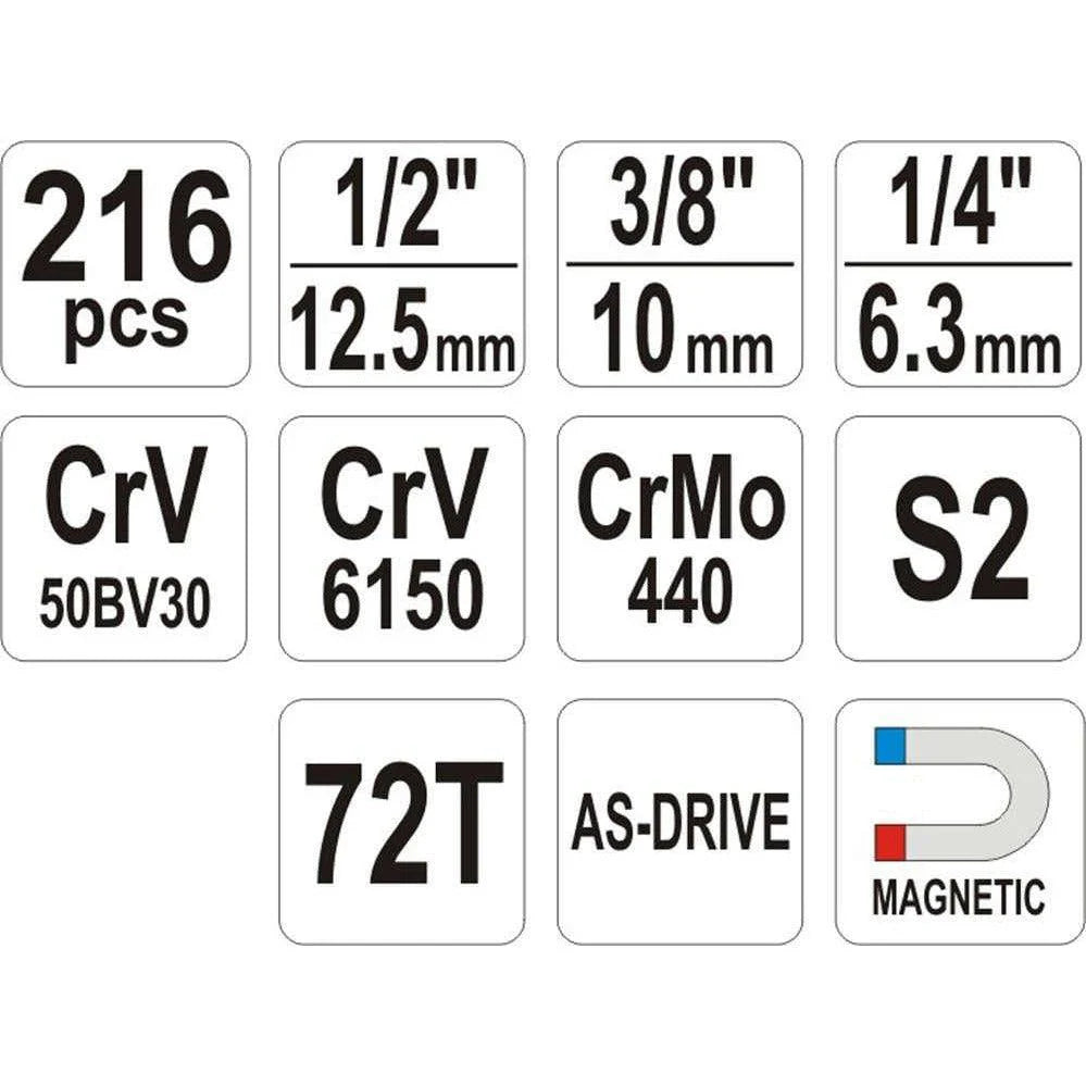 CSŐKÉSZLET, YATO YT-38841 CSILLAGVILLANCS, GYAKORLATI SZERSZÁMÚ, 216 DARABOS 