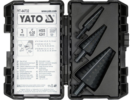 SET 3 BURGHIE IN TREPTE PENTRU METAL Yato YT - 44732 - 12 mm, 43 mm, 64 mm, 22 mm Yato - scule electrice si unelte profesionale - BricoMart