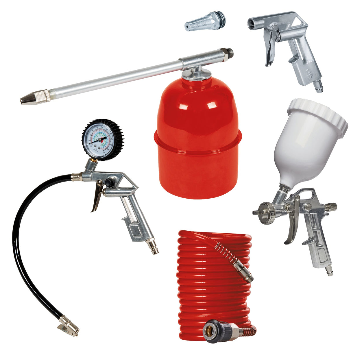 Set 5 accesorii Einhell pentru compresoare cu o presiune de lucru de 8 bar, pistol de vopsit, pistol de vopsit, pistol de suflat, dispozitiv de umflat anvelope, furtun de aer de 4 m Einhell - scule electrice si unelte profesionale - BricoMart