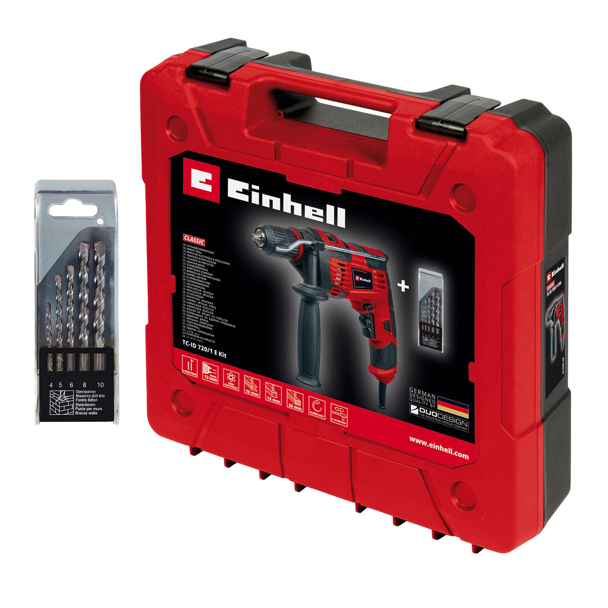 Set Bormasina cu impact Einhell TC - ID 720/1 E Kit (gaurire/percutie, mandrina cu eliberare rapida de 13 mm, electronica de viteza, incl. set de 5 burghie pentru beton + E - Box Einhell - scule electrice si unelte profesionale - BricoMart