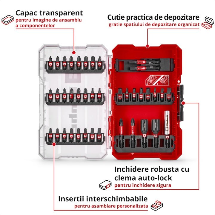 Set de 39 de biti de impact Einhell M-CASE, biti de 25 mm, biti de 50 mm, prize hexagonale, suport pentru biti de 60 mm cu cutie de depozitare Einhell - scule electrice si unelte profesionale - BricoMart