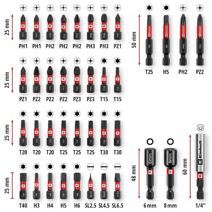 Set de 39 de biti de impact Einhell M-CASE, biti de 25 mm, biti de 50 mm, prize hexagonale, suport pentru biti de 60 mm cu cutie de depozitare Einhell - scule electrice si unelte profesionale - BricoMart