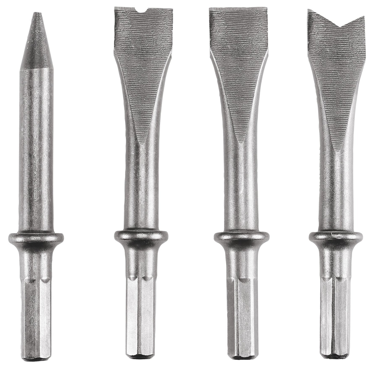 Set de dalta original Einhell din 4 piese (accesorii pentru ciocane dalta, otel, 120 mm, cu tija hexagonala, pentru ciocane dalta pneumatice precum TC - PC 45, incl. 3x dalte plate si 1x dalta ascutita) Einhell - scule electrice si unelte profesionale - BricoMart