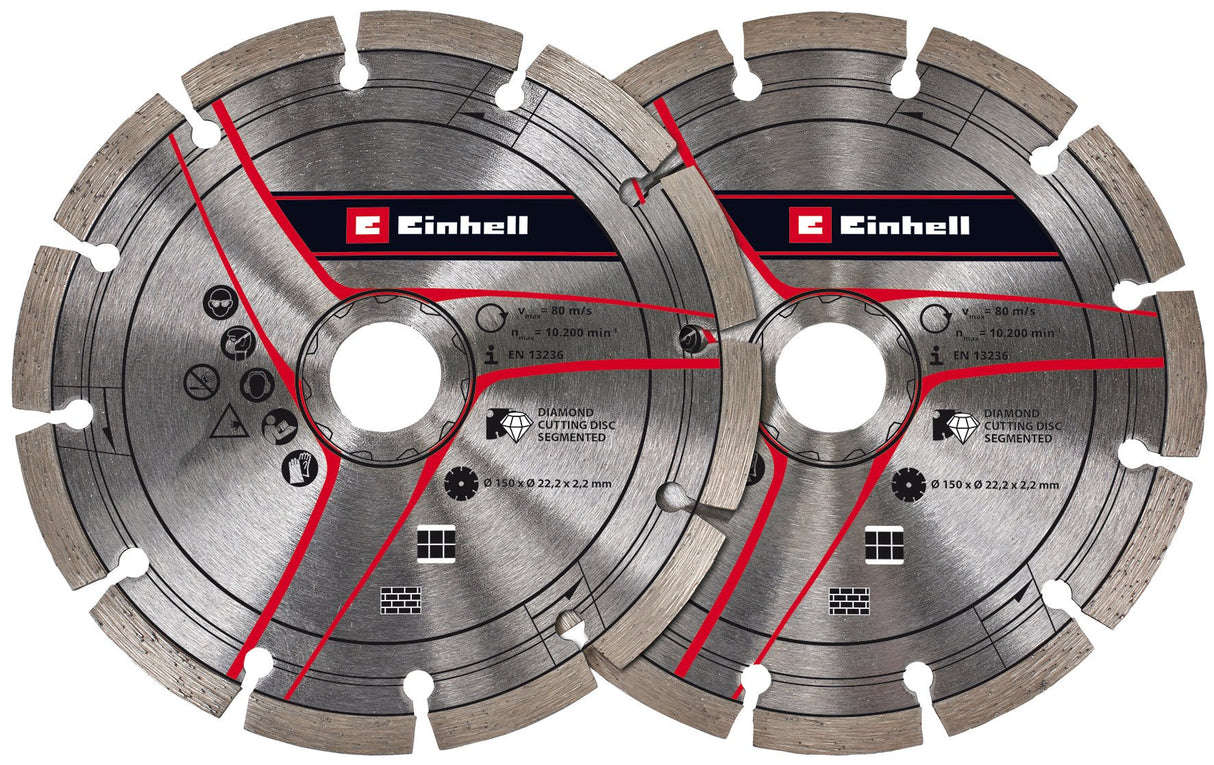 Set original Einhell de discuri diamantate de taiere de 150 mm ca accesoriu pentru freze de perete (Ø150 mm, 2 bucati, gaura de 22,2 mm, potrivit pentru freza de perete Einhell TE - MA 1700) Einhell - scule electrice si unelte profesionale - BricoMart