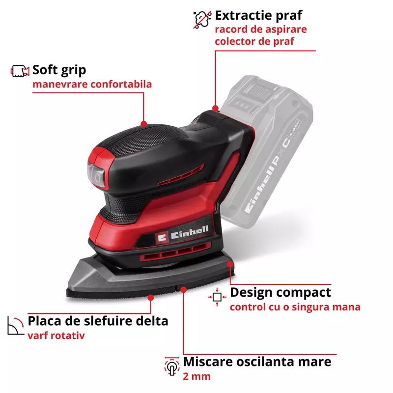 slefuitor multifunctional fara fir Einhell TE-OS 18/150-2 Li Power X-Change, 18 V, 24.000 rpm, orbita de 2 mm, colector de praf, adaptor pentru extractie, incl. 6 x foi abrazive, fara baterie - imagine 4