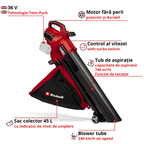 Suflanta/aspirator de frunze pe acumulator Einhell Professional VENTURRO 36/240 Power X - Change, 36V, Li - ion, putere de aspirare pana la 740 m³/h, sac de colectare 45l, functie de suflare pana la 240 km/h, fara acumulator sau incarcator Einhell - scule electrice si unelte profesionale - BricoMart