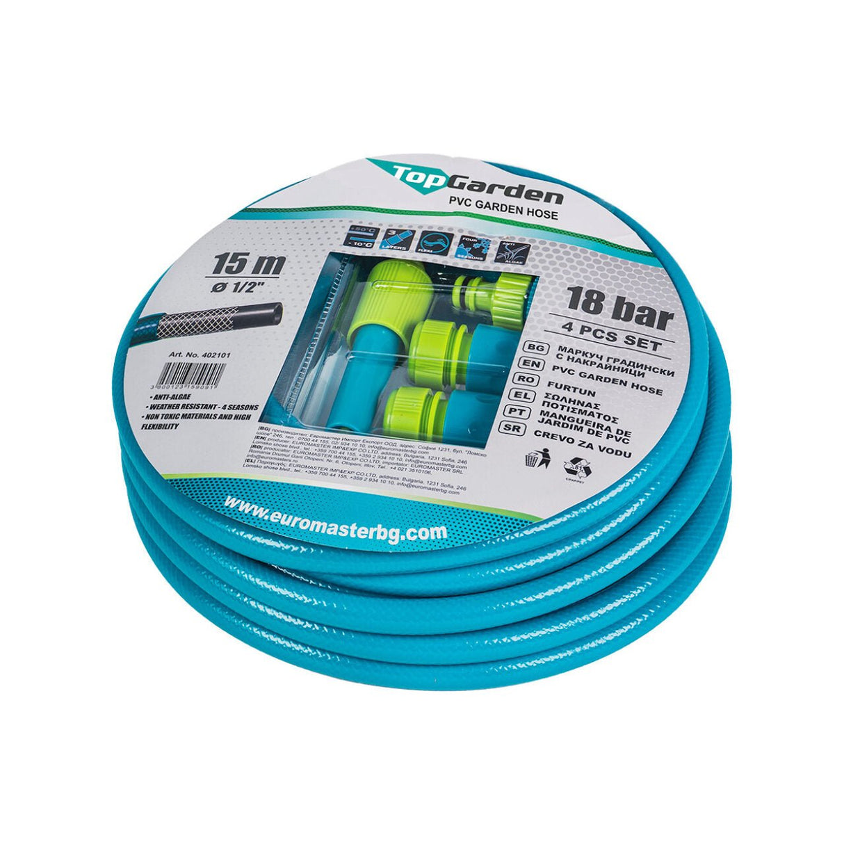 TOP GARDEN Furtun 1/2" x 15m T+ 4 accesorii TG 3 straturi Foarte flexibil Durata de utilizare: 4 sezoane Top Garden - scule electrice si unelte profesionale - BricoMart
