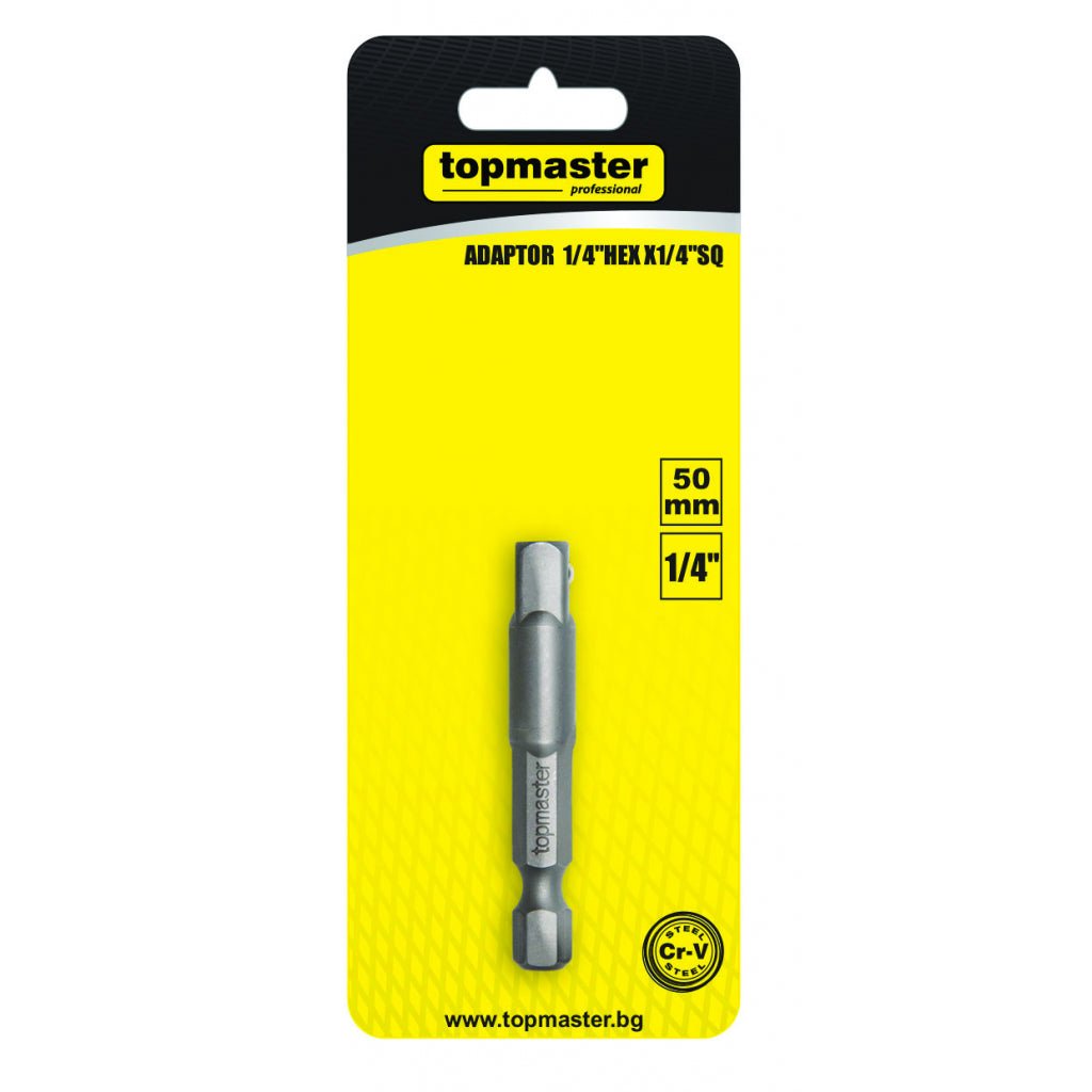 TOP MASTER PRO Adaptor 1/4" hex x 1/4 patrat 50mm Material: otel crom-vanadiu de inalta calitate Adaptor bit Lungime adaptor- 50 mm Top Master Pro - scule electrice si unelte profesionale - BricoMart