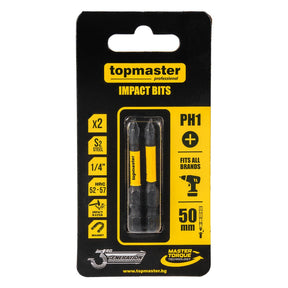 TOP MASTER PRO Bit de impact 50mm PH1, 2 buc. TMP Ideal pentru o varietate de aplicații, inclusiv asamblarea mobilierului, reparații, lucrări de construcție și alte sarci Top Master Pro - scule electrice si unelte profesionale - BricoMart