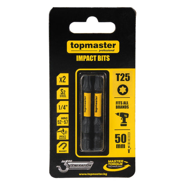 TOP MASTER PRO Bit de impact 50mm TX25, 2 buc. TMP Ideal pentru o varietate de aplicații, inclusiv asamblarea mobilierului, reparații, lucrări de construcție și alte sarci Top Master Pro - scule electrice si unelte profesionale - BricoMart