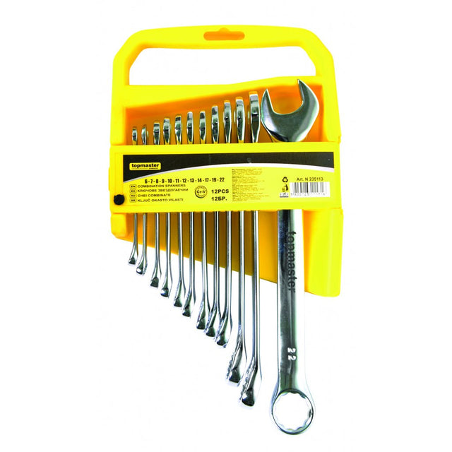 TOP MASTER PRO Chei combinate set 12pcs 6 - 22mm CR - V TMP Capatul cheii este inclinat cu 15 ° pentru lucru facil in spatii inaccesibile Material: otel crom - vanadiu de inalta cali Top Master Pro - scule electrice si unelte profesionale - BricoMart
