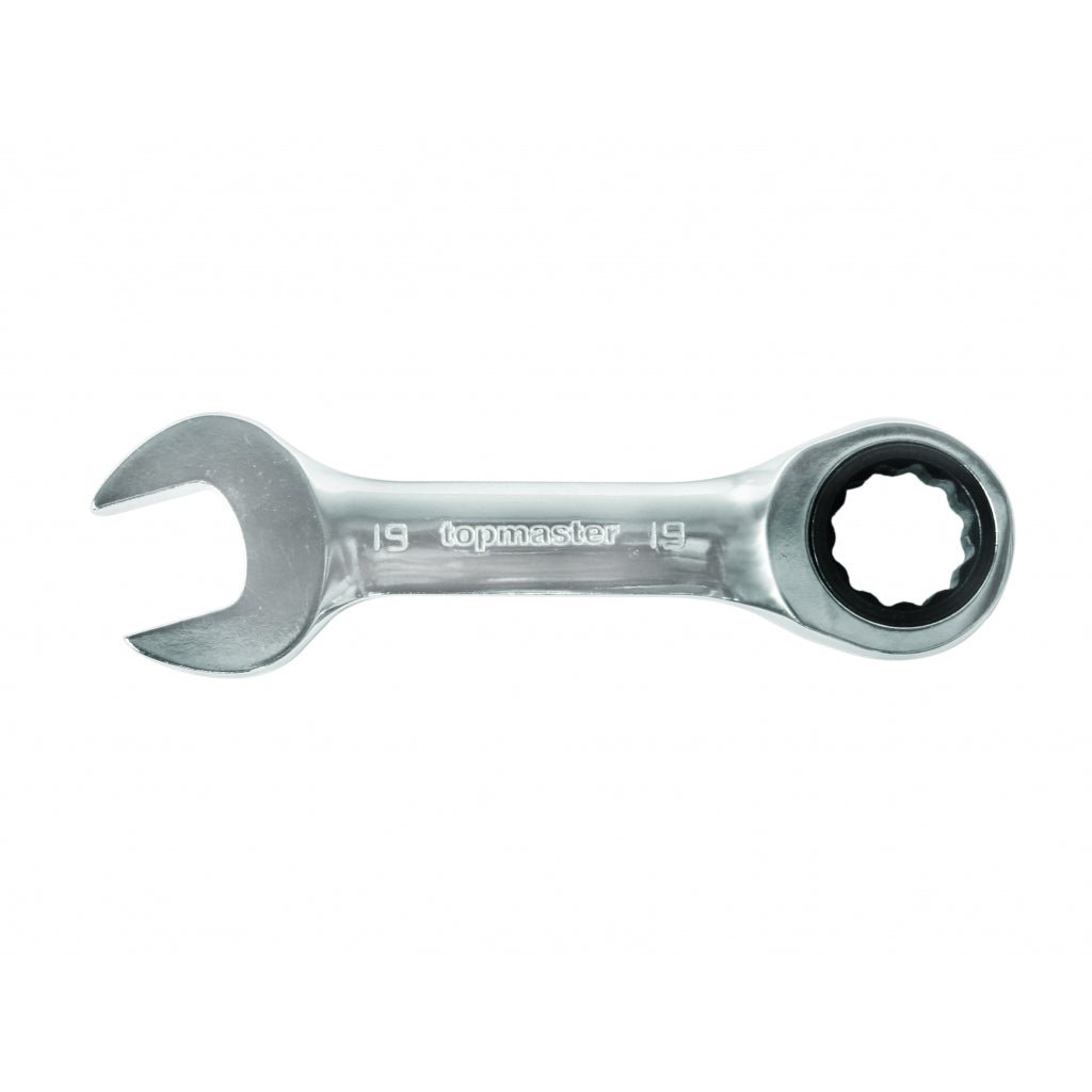 TOP MASTER PRO Cheie combinata cu clichet 10mm STUBBY CR - V TMP Capatul cheii este inclinat cu 15 ° pentru lucru facil in spatii inaccesibile Material: otel crom - vanadiu de inalta cali Top Master Pro - scule electrice si unelte profesionale - BricoMart