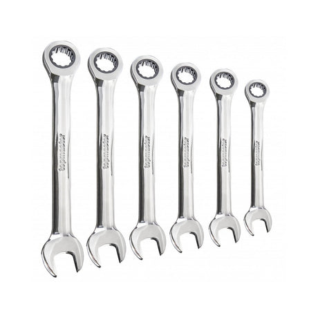 TOP MASTER PRO Cheie combinata cu clichet 8 - 17mm 6pcs CR - V TMP Otel crom - vanadiu Acoperire anticoroziune crom - nichel Complet lustruit Mecanism clichet precis 72 de dinti Top Master Pro - scule electrice si unelte profesionale - BricoMart