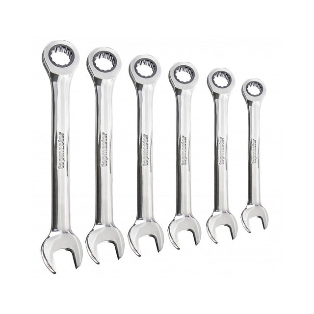TOP MASTER PRO Cheie combinata cu clichet 8 - 17mm 6pcs CR - V TMP Otel crom - vanadiu Acoperire anticoroziune crom - nichel Complet lustruit Mecanism clichet precis 72 de dinti Top Master Pro - scule electrice si unelte profesionale - BricoMart