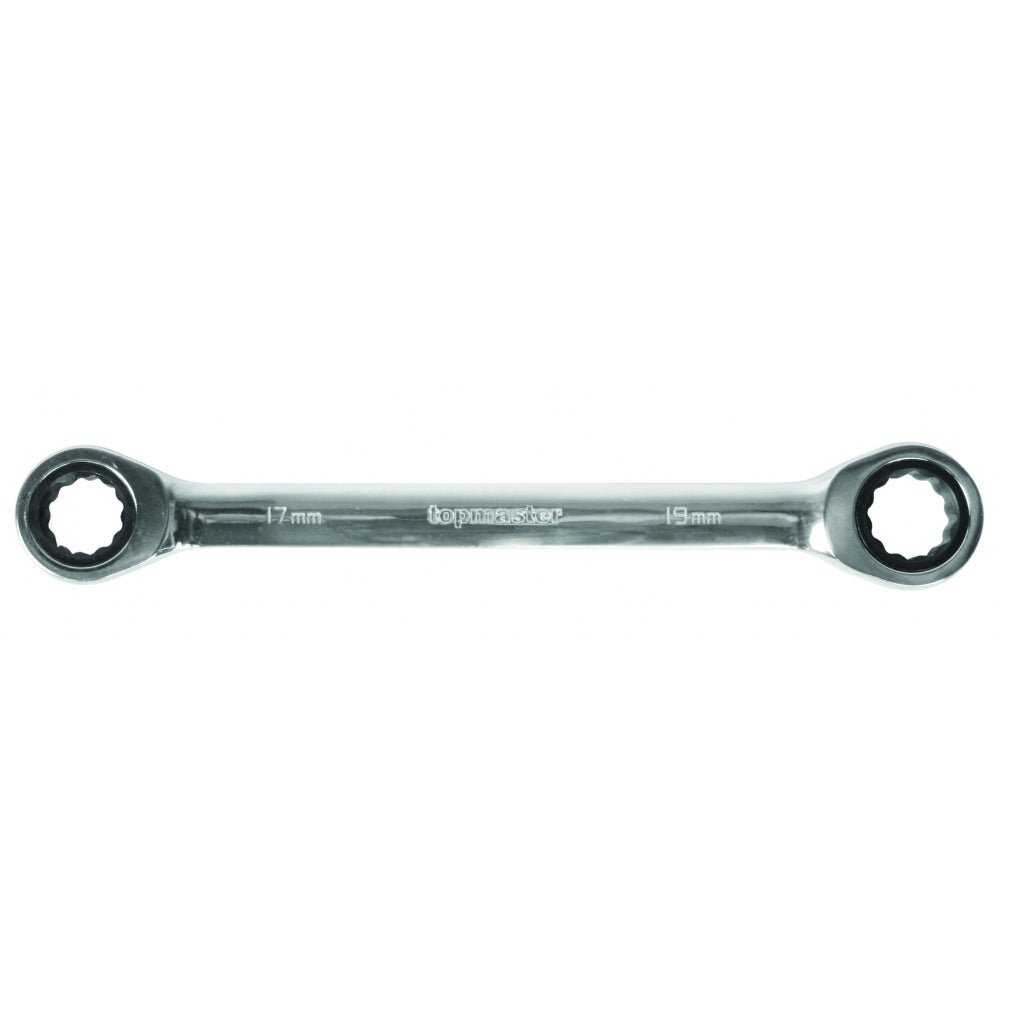 TOP MASTER PRO Cheie dubla inelara cu clichet 8x10mm DOUBLE CR-V TMP Material: otel crom-vanadiu de inalta calitate presat la cald Acoperire anticoroziune crom-nichel Complet lustruit Top Master Pro - scule electrice si unelte profesionale - BricoMart