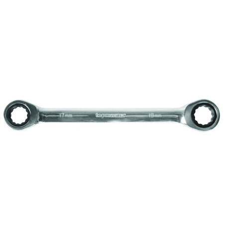 TOP MASTER PRO Cheie dubla inelara cu clichet 8x10mm DOUBLE CR-V TMP Material: otel crom-vanadiu de inalta calitate presat la cald Acoperire anticoroziune crom-nichel Complet lustruit Top Master Pro - scule electrice si unelte profesionale - BricoMart