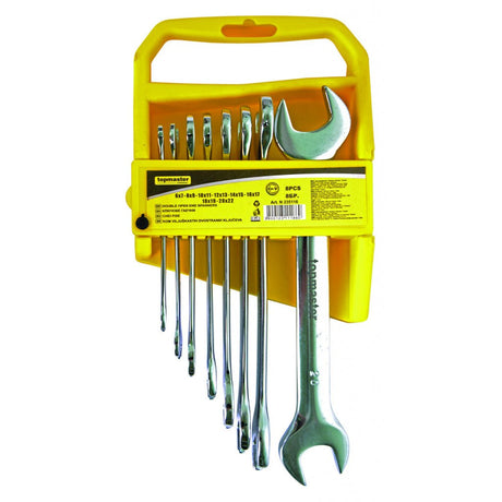 TOP MASTER PRO Cheie fixa 6 - 22mm set 8pcs CR - V TMP Material: otel crom - vanadiu de inalta calitate presat la cald Complet lustruit Suport din plastic Top Master Pro - scule electrice si unelte profesionale - BricoMart