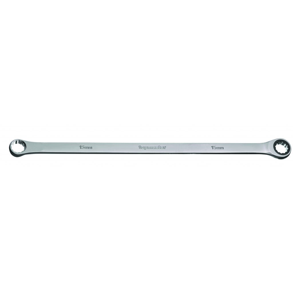 TOP MASTER PRO Cheie inelara cu clichet 17mm CR - V TMP Material: otel crom - vanadiu de inalta calitate Brat lung Top Master Pro - scule electrice si unelte profesionale - BricoMart