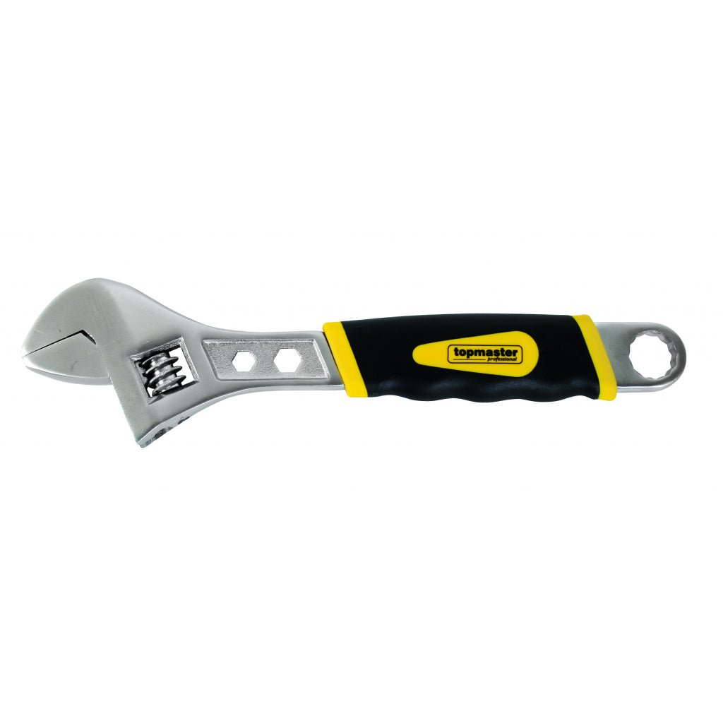 TOP MASTER PRO Cheie reglabila - maner ergonomic 200mm TMP Material: otel crom - vanadiu de inalta calitate presat la cald Falci inclinate la 23° pentru acces facil Top Master Pro - scule electrice si unelte profesionale - BricoMart