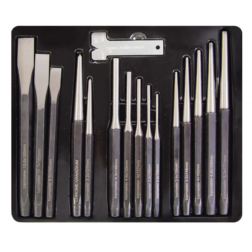 TOP MASTER PRO Dornuri set 15pcs +gauge CR - V TMP Material: otel crom - vanadiu de inalta calitate Top Master Pro - scule electrice si unelte profesionale - BricoMart