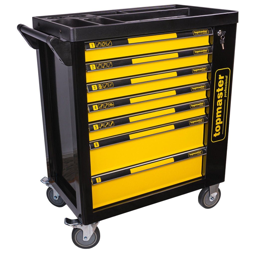 TOP MASTER PRO Dulap scule 7 sertare echipat 219 piese TMP Blat din PVC cu compartimente pentru detalii mici. Roți din PVC + PP. Compartiment lateral cu închidere. 7 sertare. Top Master Pro - scule electrice si unelte profesionale - BricoMart