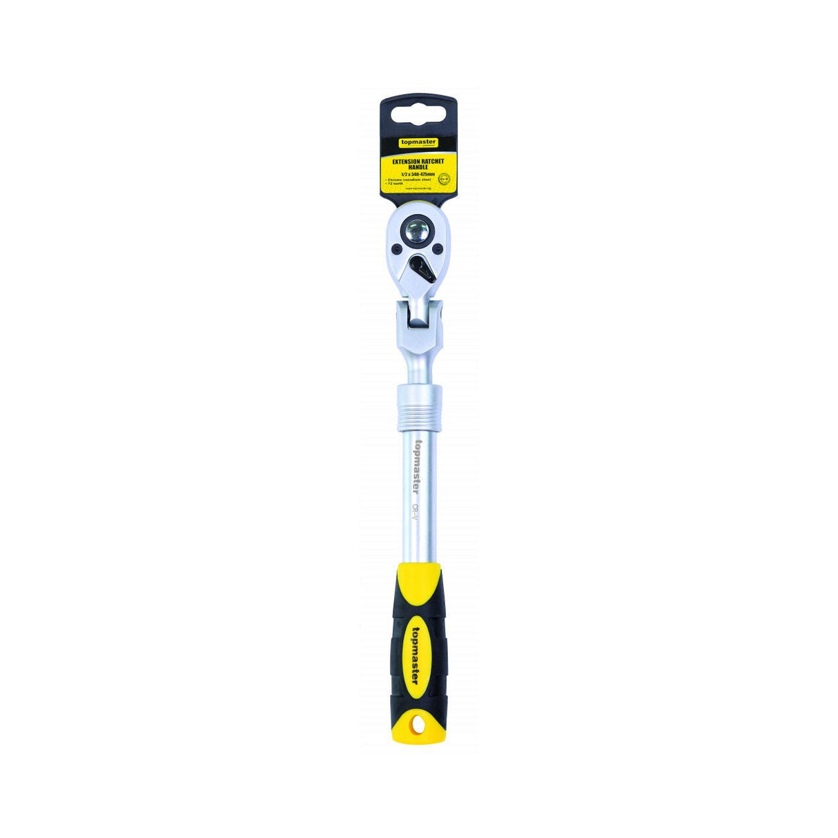 TOP MASTER PRO Maner clichet 1/2" 72 extensibil 150 - 200mm articulat TMP Cap pivotant Maner bi - material pentru o mai buna prindere Material: otel crom - vanadiu de inalta calitate Brat telescopic Top Master Pro - scule electrice si unelte profesionale - BricoMart