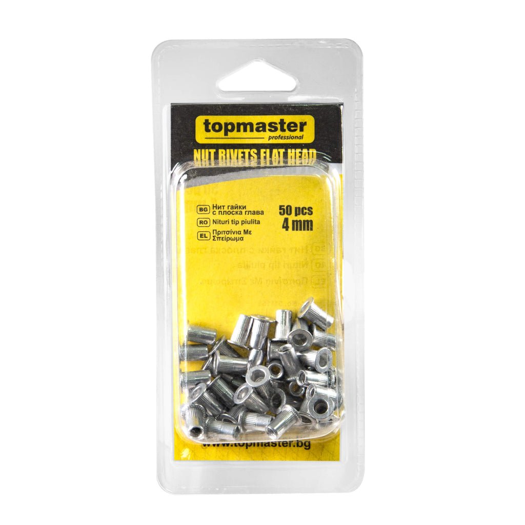 TOP MASTER PRO Nituri tip piulita 4mm 50buc TMP Se folosesc la asamblarea tablei, otelului, aluminiului, plasticului, fibrei de sticla etc. Top Master Pro - scule electrice si unelte profesionale - BricoMart
