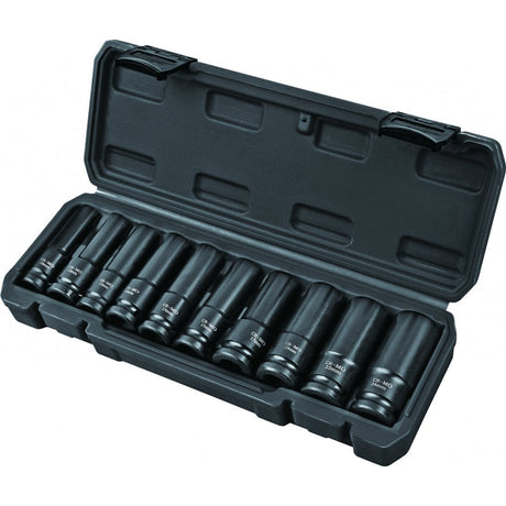 TOP MASTER PRO Set 10 chei tubulare lungi de impact 1/2" 10 - 24mm TMP Material: otel calit crom - molibden de inalta calitate Potrivit pentru chei de impact pneumatice Cutie de depozitare Top Master Pro - scule electrice si unelte profesionale - BricoMart