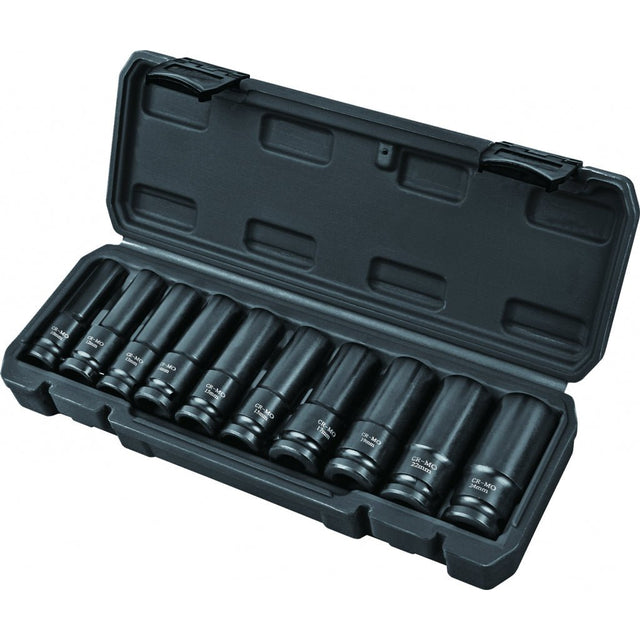 TOP MASTER PRO Set 10 chei tubulare lungi de impact 1/2" 10 - 24mm TMP Material: otel calit crom - molibden de inalta calitate Potrivit pentru chei de impact pneumatice Cutie de depozitare Top Master Pro - scule electrice si unelte profesionale - BricoMart