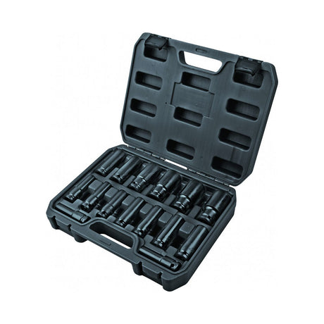 TOP MASTER PRO Set 15 chei tubulare lungi de impact 1/2" 10 - 32mm TMP Material: otel calit crom - molibden de inalta calitate Potrivit pentru chei de impact pneumatice Cutie de depozitare Top Master Pro - scule electrice si unelte profesionale - BricoMart